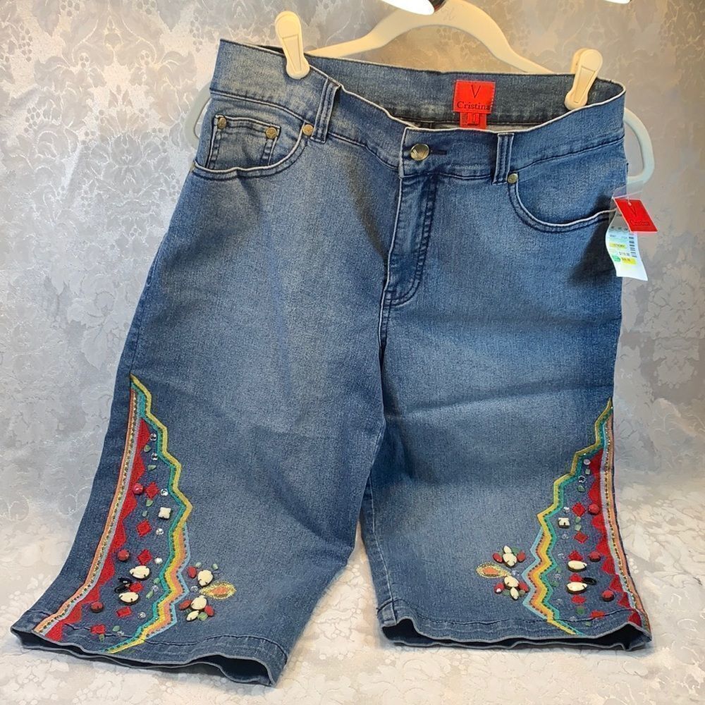 V Cristina Blue Embroidered Jean Shorts